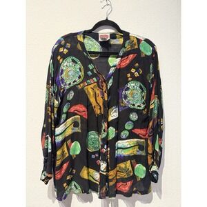 Vintage Rosey Tomato Geo Art To Wear Print Blouse‎ Size Large Made In Nepal